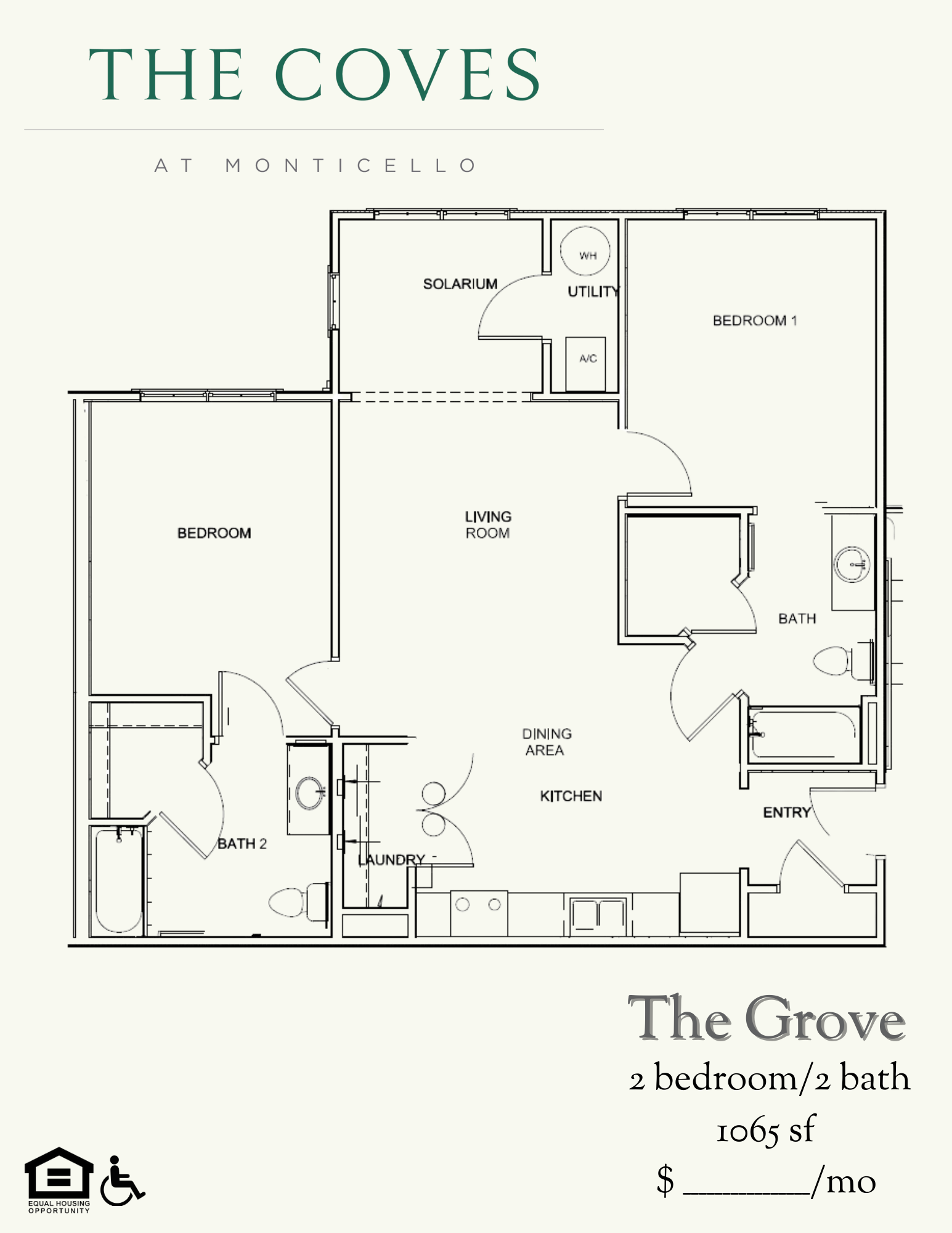 Floor plan for 2 beds, 2 baths, 1065 sqft